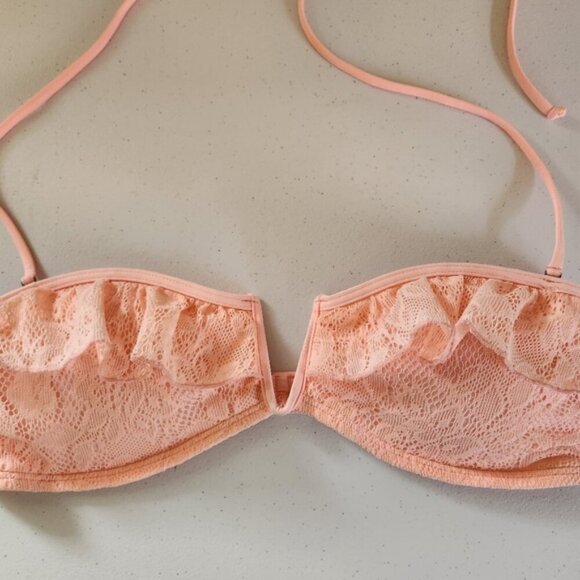 Abercrombie Peach Pink Crochet Ruffle Bandeau Halter Swimsuit Bikini Top Swim - Picture 2 of 8